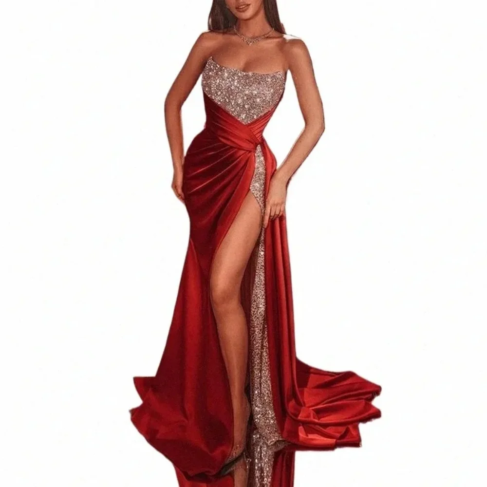 Women's Sexy Sequined Sequined Sequined Party Dress Tubeless Bust Red Swing Sleeve Formal Evening Dress Cocktail Dress