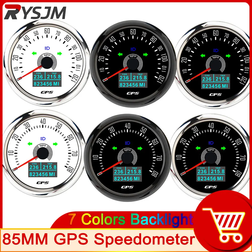 85 mm Car GPS Speedometer 80MPH 120mph Odometer with 7 Colors Backlight for Boat Motorcycle Speedometer WIth GPS Antenna