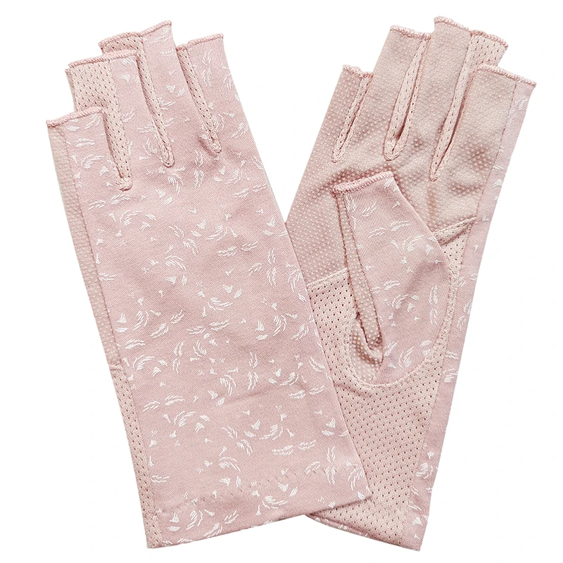 Guantes finos de algodón con estampado de plumas para mujer, antideslizantes, transpirables, protectores solares, sin dedos, para conducir, Verano