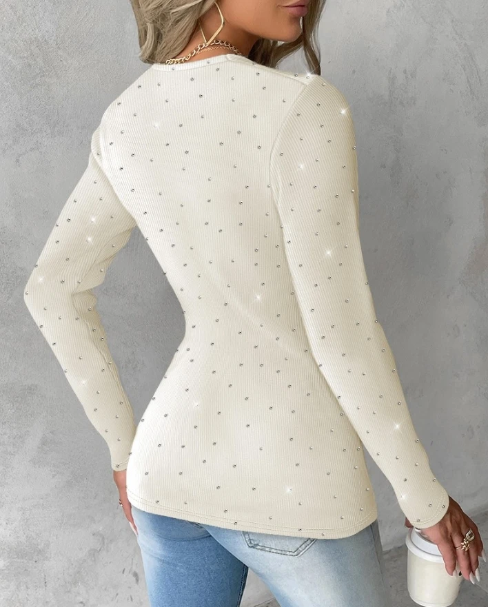 Sexy Sweater for Women Autumn Long Sleeve White Knitted Tops Deep V Neck Twisted Rhinestone Decor Slim Fit Pullover Ribbed Top