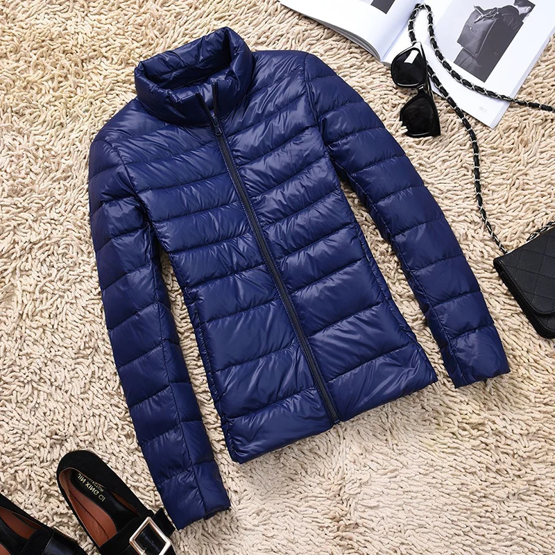 Fashionable Women\'s Warm White Duck Down Standing Collar Down Jacket, Autumn and Winter Solid Color Ultra-thin Women\'s Jacket