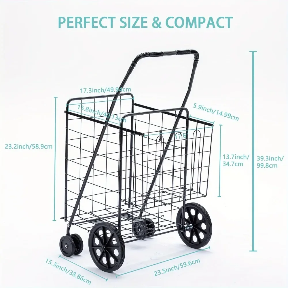 Carrito de compras plegable Jumbo, carrito de compras plegable con cesta doble y ruedas de 360 grados, carrito de utilidad