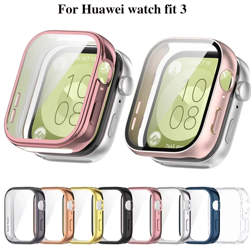 PC Case+Tempered Glass For Huawei watch fit 3 Active Full Cover Screen Protector Smartwatch Bumper Cleaning cotton