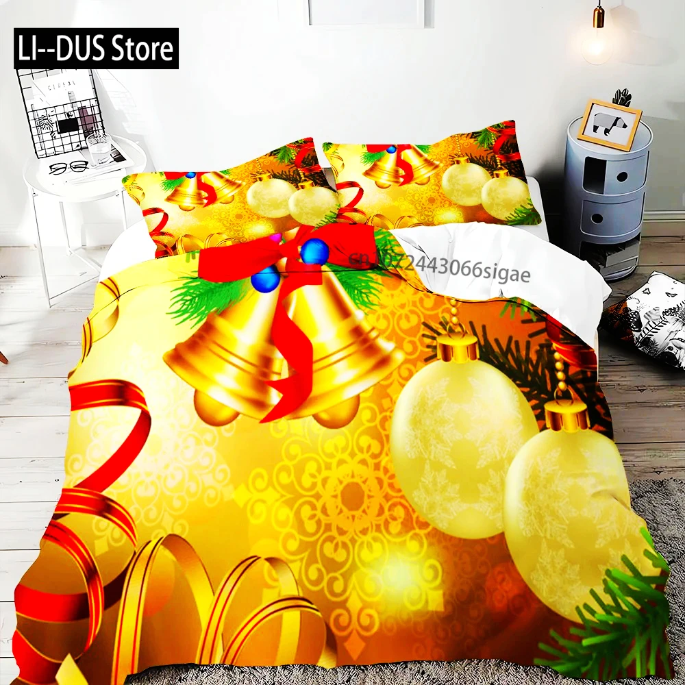 Merry Christmas Duvet Cover Gold Bell Bow Bedding Set For Boys Teens Holiday Gifts Bedroom Decoration Queen King Full Size