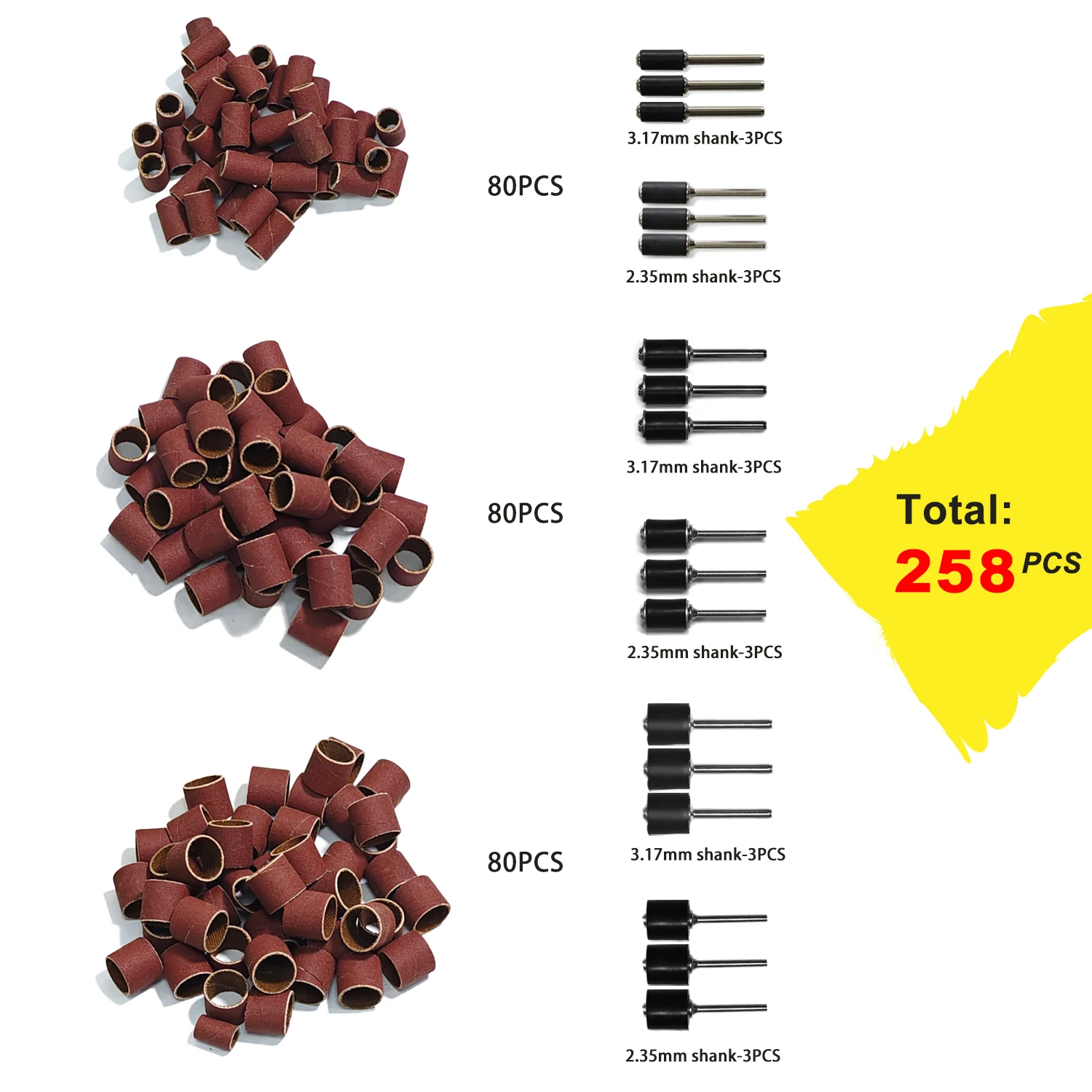 

Sanding Drum Kit 258pcs Sanding Bands 600 Grit with 2.35mm 3.17mm Sanding Band Mandrel For Dremel Rotary Tools Polishing