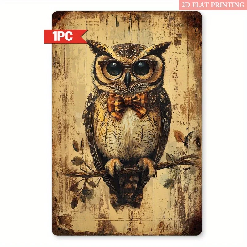 2D Flat, 1pc Vintage Owl Metal Wall Art Sign - Rustic Distressed Iron Decorative Plaque with Glasses & Bow Tie, 8x12 Inch 2D Fla