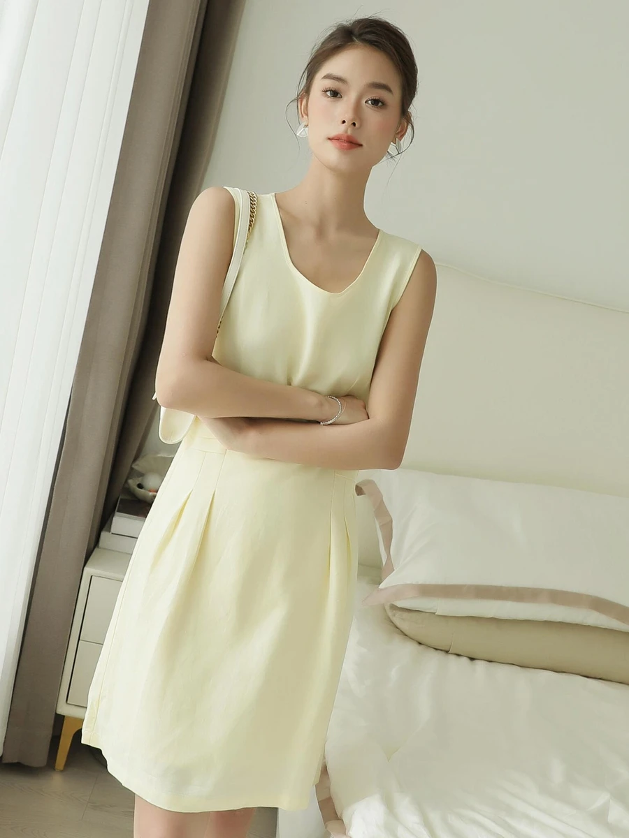 

3HLADY Lightweight Cotton Linen Cheese Yellow Square round Collar Waist Cinched 3D Tailored Vest Dr Faionable Women's Su...