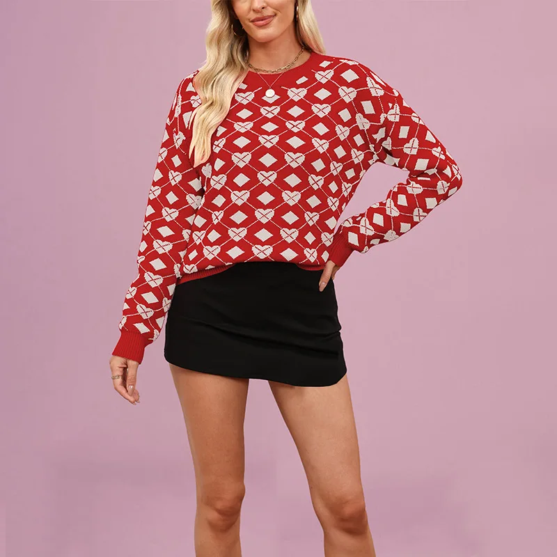 

2025 Fashion Autumn and Winter New Sweater Heart Valentine's Day Pullover Big Heart Color Block Sweater