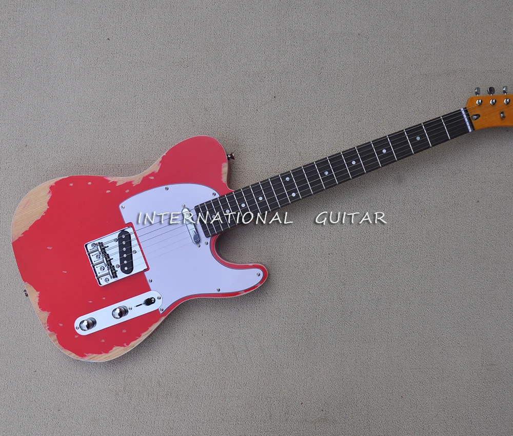 6 Strings Relic Red Electric Guitar with White Pickguard,Rosewood Fretboard