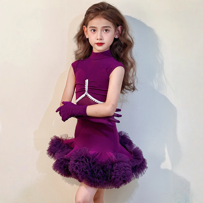 Kids Girls Latin Dance Dresses Mesh Sleeveless Bodysuit and Chiffon Tutu Skirt Dancewear Ballroom Training Competition Costume