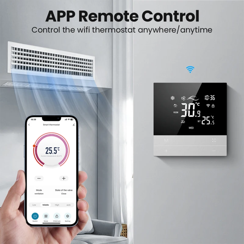 AVATTO-Tuya WiFi Inteligente Ar Condicionado Termostato Central, Interruptor De Aquecimento, Unidade De Fan Coil De 3 Velocidades, Trabalhar Com