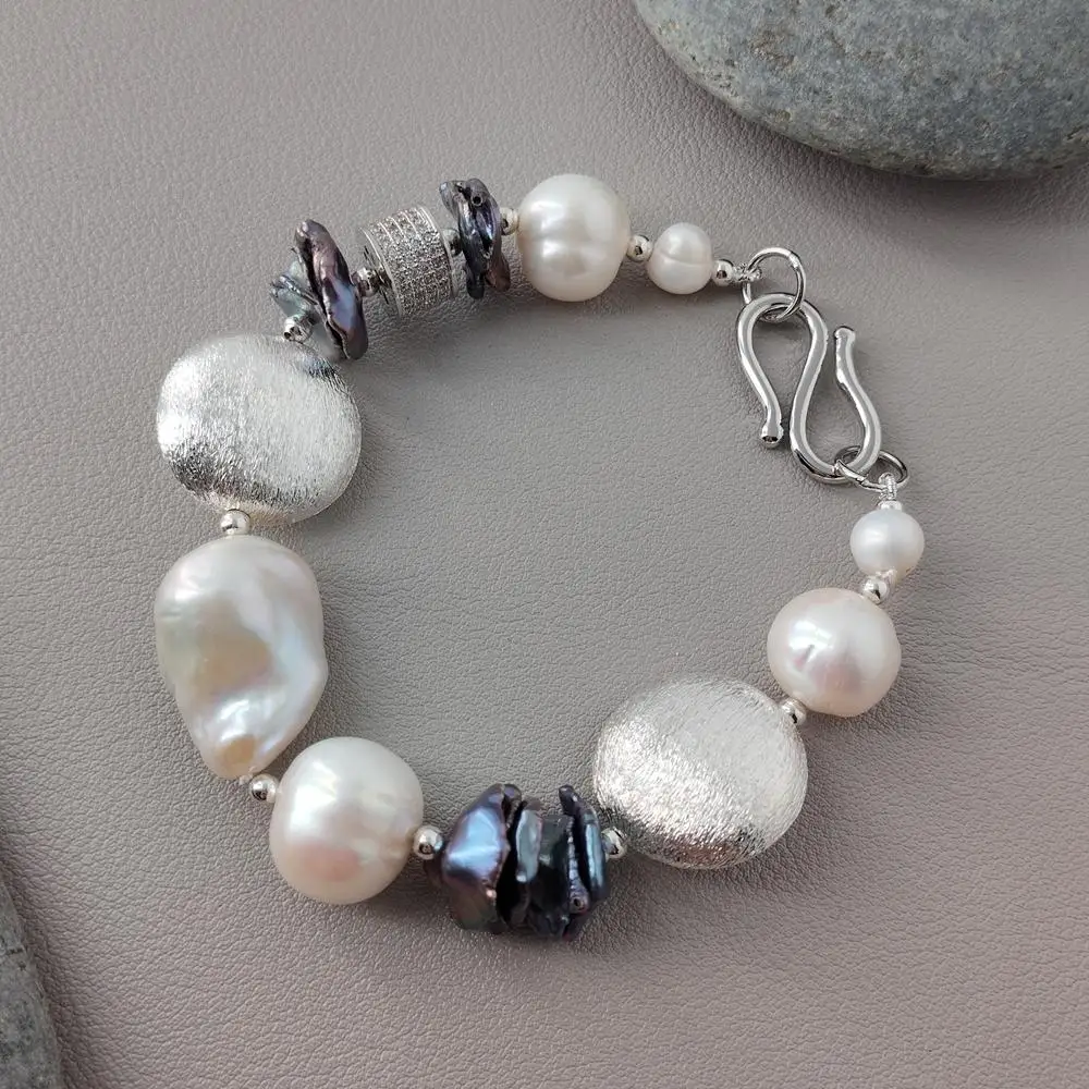 

yygem 16x22mm Freshwater White Baroque Pearl Black Kehsi Pearl Link Bracelet Women Jewelry Gifts Wholesale