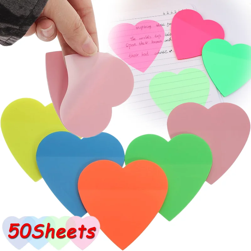 

Прозрачные липкие заметки в форме сердца, яркие красочные клейкие блокноты, 50 листов/блокнот, самоклеящиеся блокноты, офисные и школьные принадлежности, 1-5 шт.