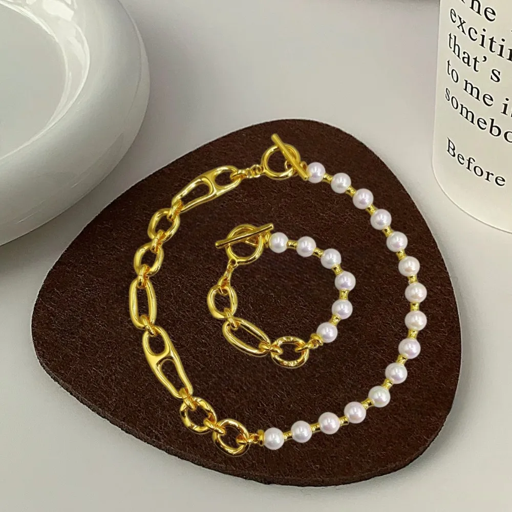 2026 Spanish punk rock style gold silver chain pearl splicing bracelet necklace jewelry two-piece set niche gift