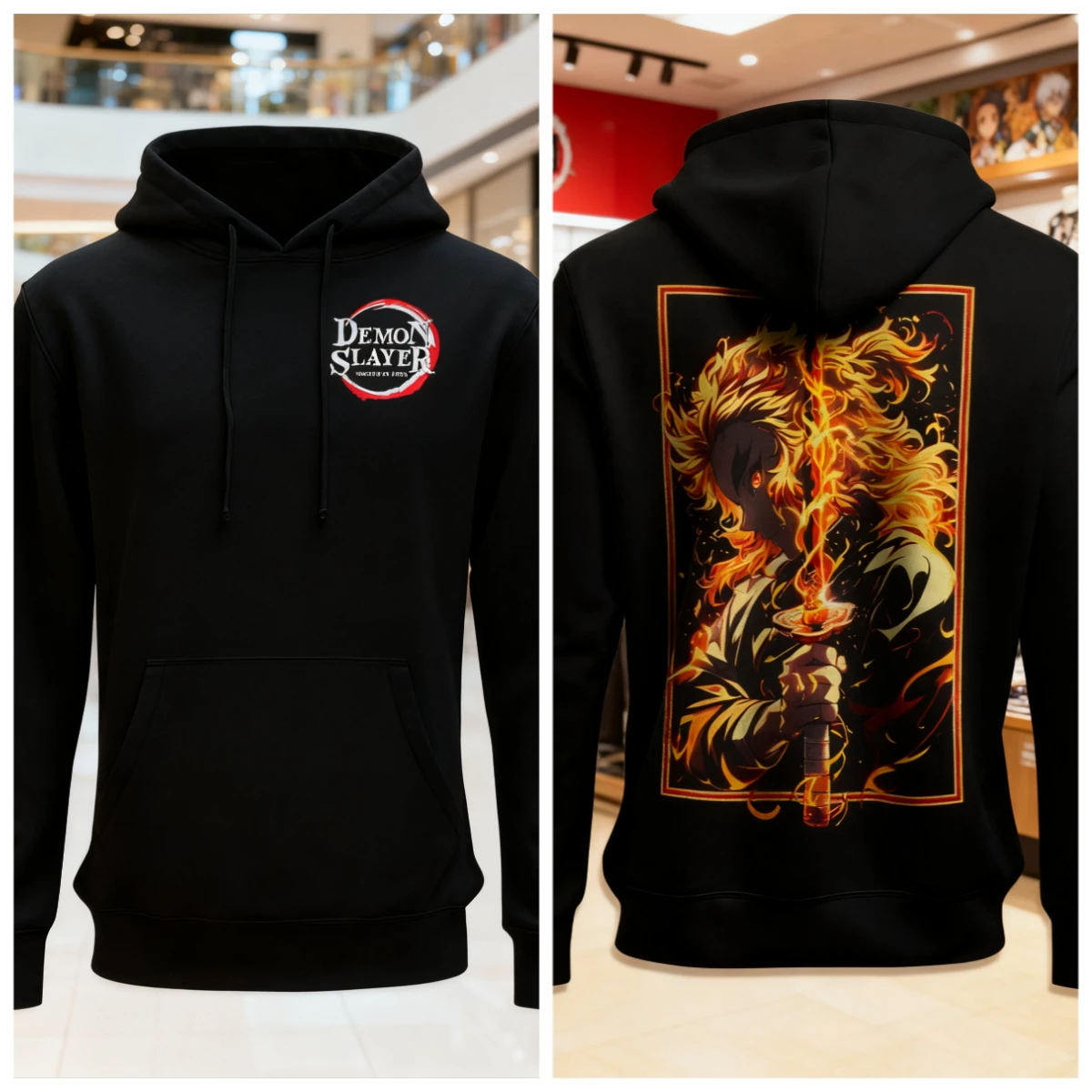 Demon Slayer Anime-Kapuzenpullover aus Baumwolle, schwarzer Farb-Charakterdruck mit Flammenhaar, Schwert-Rücken-Design und Brust-Logo, lässige Streetwear