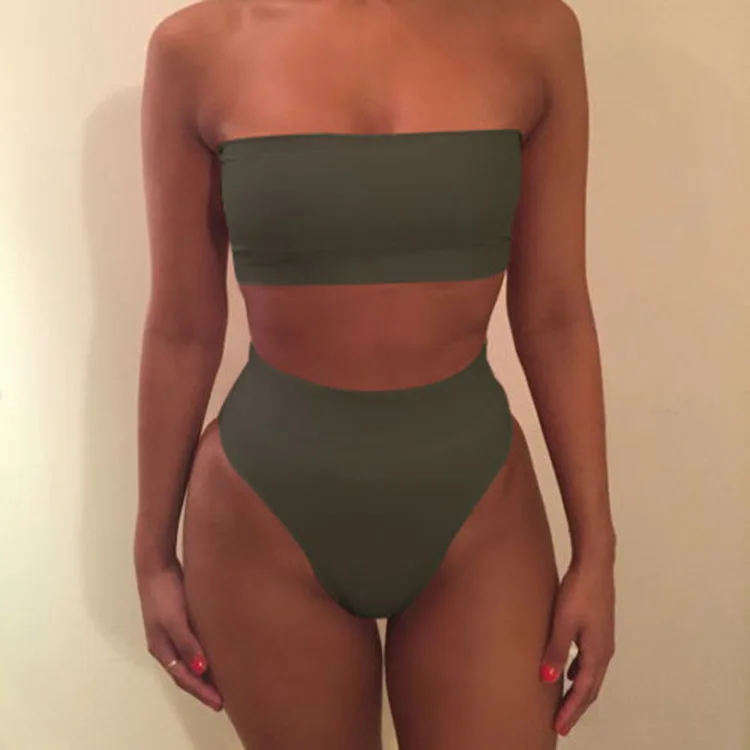 Women Strapless Tube Top Bikini Set High Cut High Waist Two Piece Swimwear Summer Beach Bathing Suit