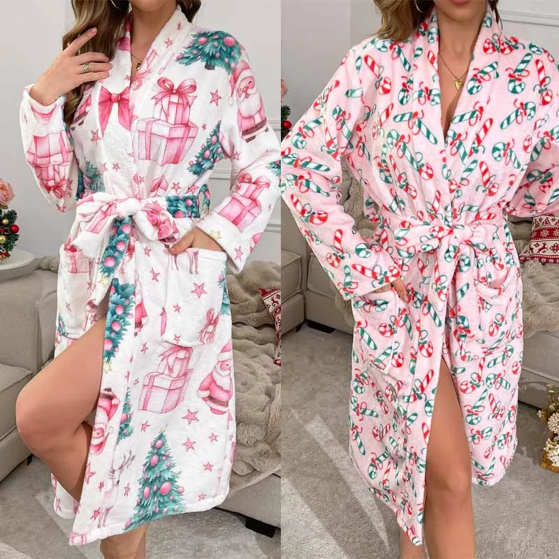 Women Christmas Plush Robe Kimono Collar Long Sleeve Belted Bathrobe Pink Santa Gift Box Tree Star Print Winter Warm Loungewear