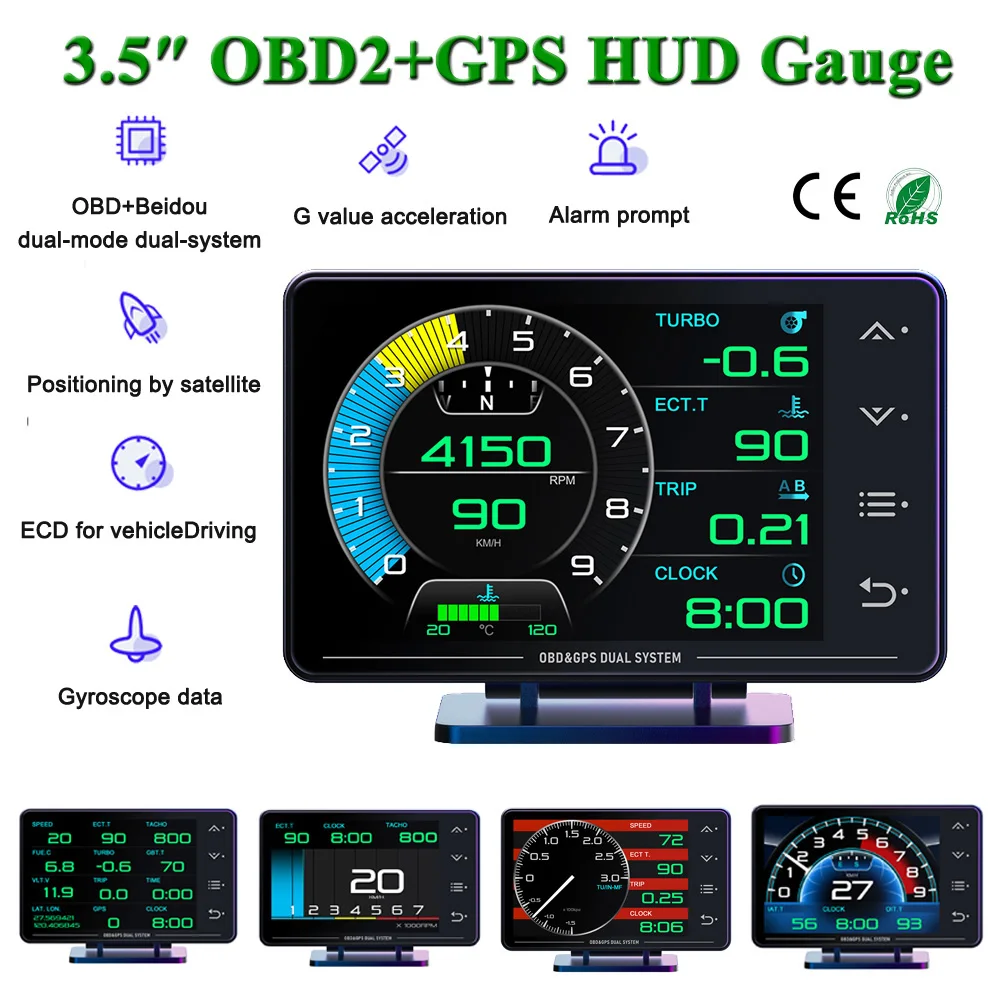 3.5inch HUD Gauge OBD2+GPS Car Digital Head Up Display Speedometer Turbo RPM Alarm Temp On-board Computer Auto Accessories