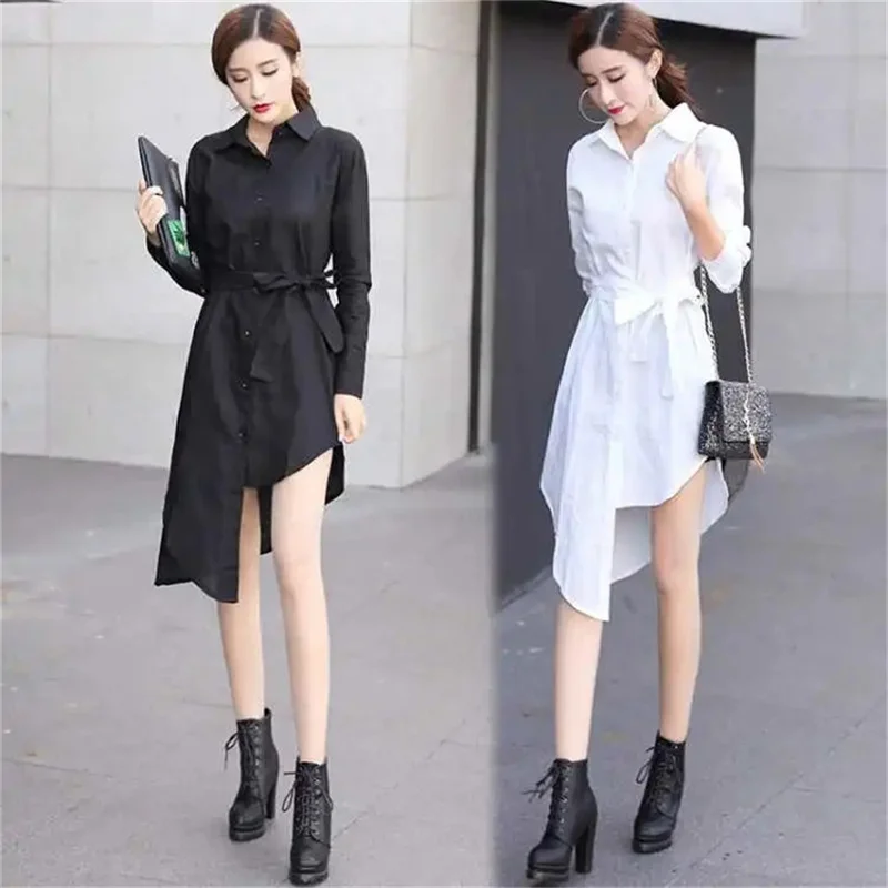 2024 Spring New Long Shirt Female Students Korean Loose Black Sexy Dress bottoming White Shirt Long-Sleeve Sunscreen Clothing A5