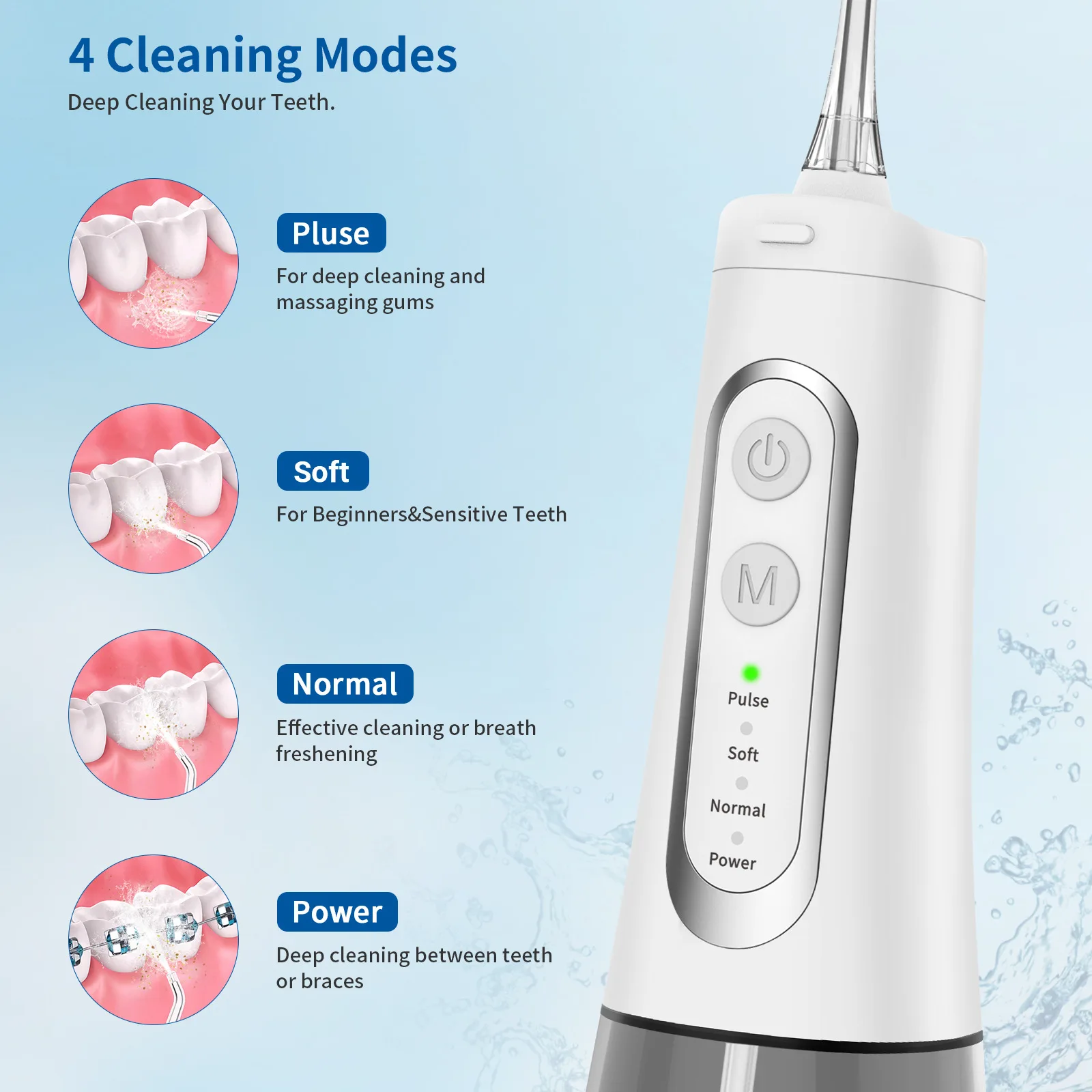 Portable Water Flossers for Teeth Oral Irrigator Rechargeable Dental Water Jet 4 Modes 300ML Tank Waterproof Teeth Cleaner 4 Jet