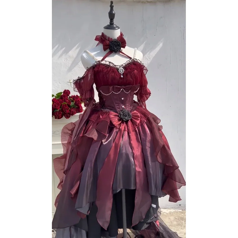 

2025 NEW style Black and Red Gradient Front Short Back Long Wedding Dress Lolita Heavy Industry Tail Lolita DRESS