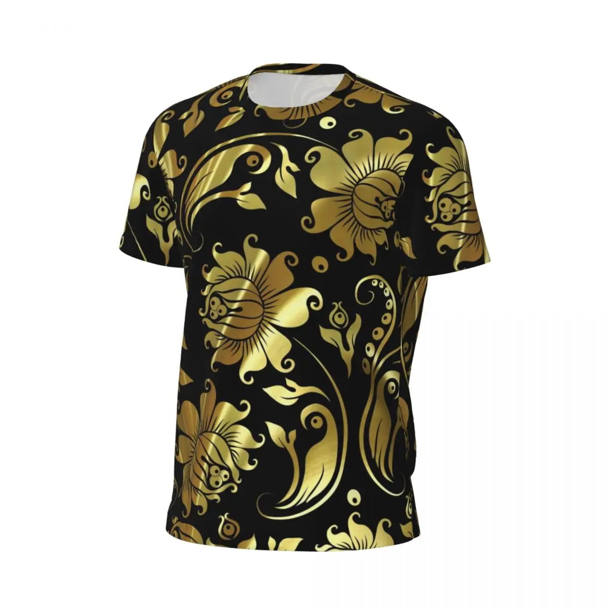 Sports T-Shirt For Men Gold Baroque Print T Shirts Fashion Black And Shiny Damasks Summer Tee Shirt O Neck Awesome Tops Gift