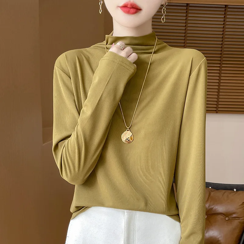 

Half-High Collar Thin Pullovers Women Spring Autumn Versatile Solid Color Long Sleeve Base Layer Loose Warm Simple Tops Mujer