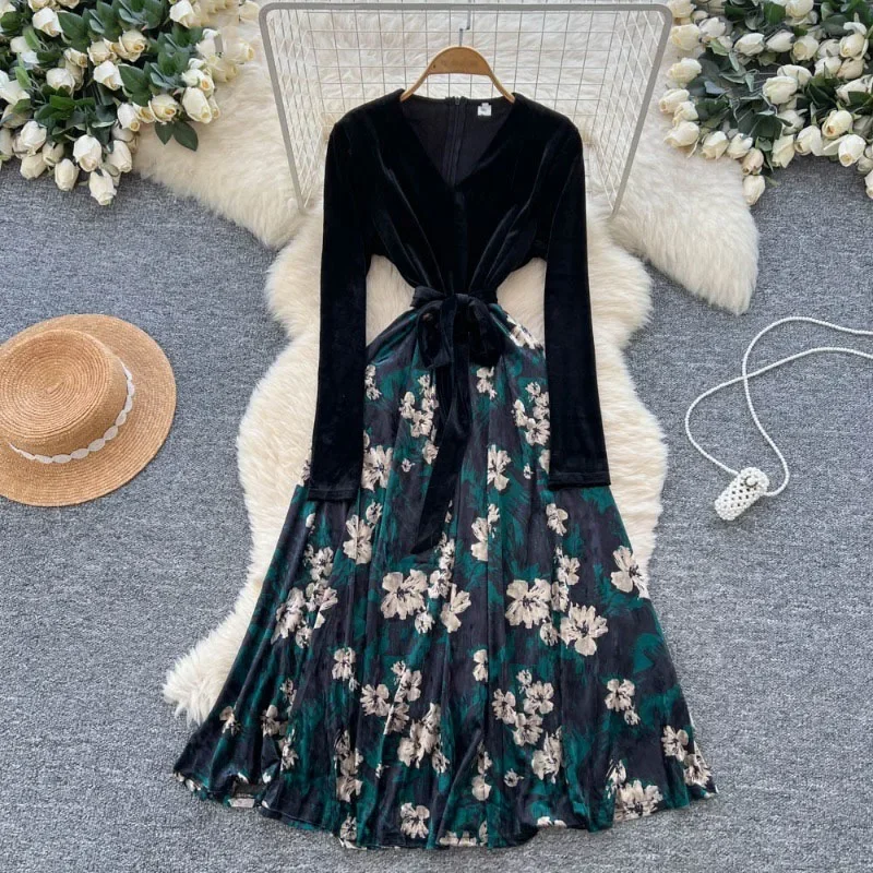 Sweet Floral Women Dress 2025 Vestidos De Mujer Bandage Slim Waist Patchwork Velvet Robe Femme A-line Vintage Thicked Dresses