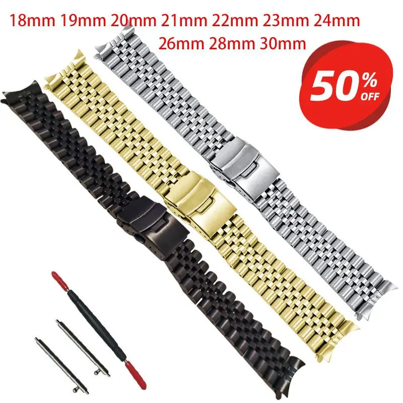 

18 мм, 20 мм, 22 мм, 24 мм, 26 мм, 28 мм, 30 мм, универсальный ремешок из нержавеющей стали с изогнутым концом, серебристый, золотой, юбилейный ремешок для часов RLX SKX