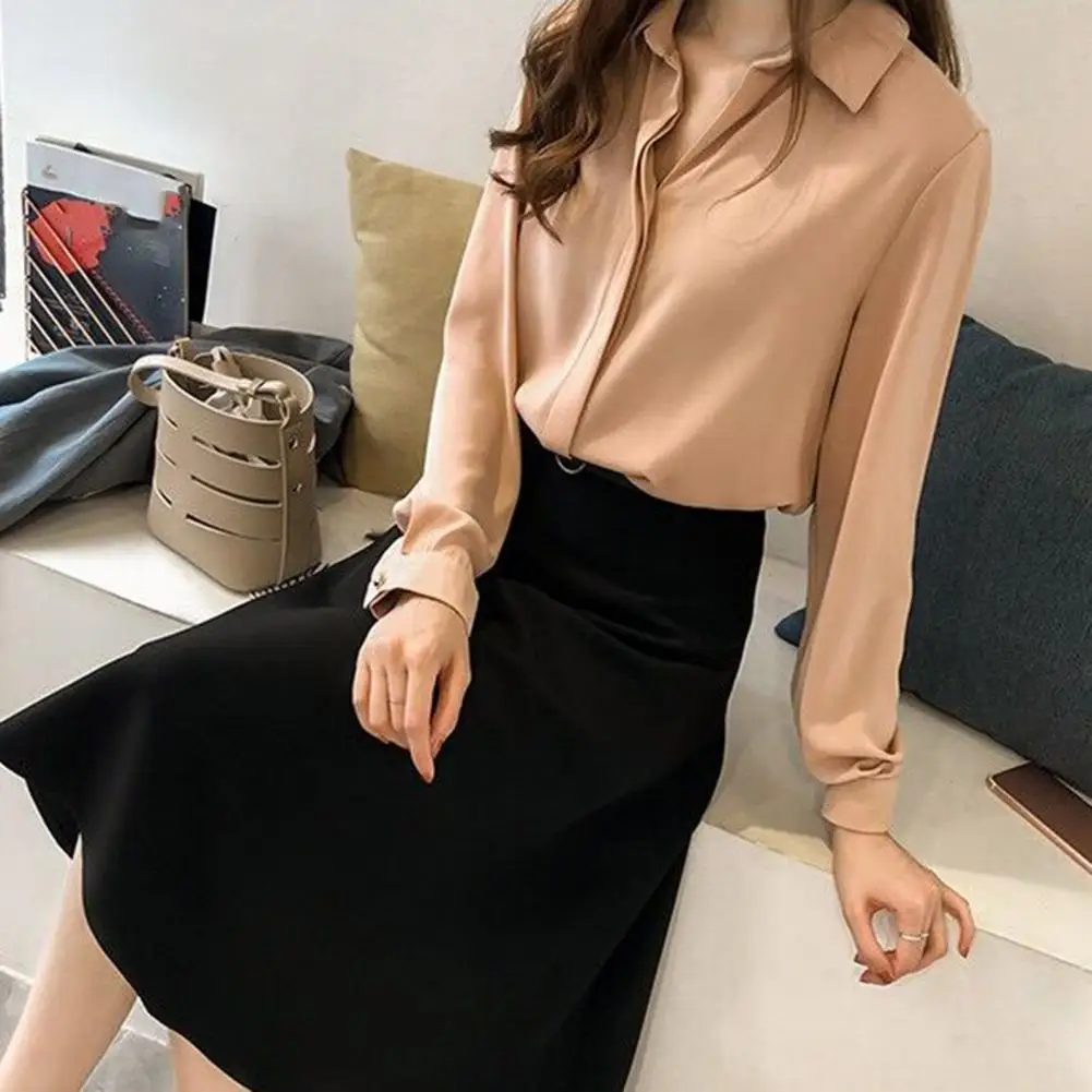 Women Office Shirt Solid Color Long Sleeve Turn-down Collar Top Chiffon Temperament Single Breasted Blouse for Office