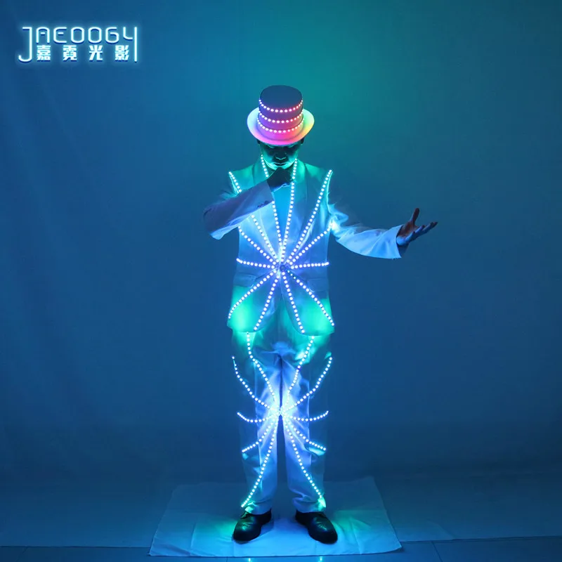 

LED Suit Men Stage Costume Luminous Light up Carnival Rave Outfit Tron Dance Wear Circus Nightclub DJ Magician Top Pants Hat