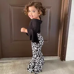 Children's Clothing sets Girls Black Flared Sleeve Top + Leopard Print Trousers Autumn Outfit 1-5 Years Kids Clothing