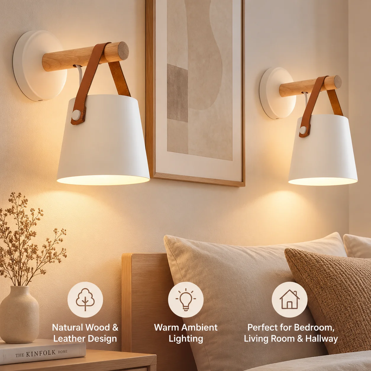 JOYINLED Nordic Wooden Wall Lamp, Modern LED Wall Sconce Fixture E27 Black White Bedside Light for Bedroom Living Room Hallway