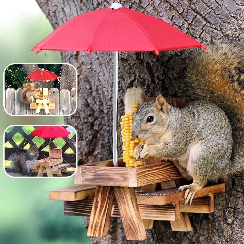 Wooden Squirrel Feeder Bird Squirrel Feeder With Umbrella  For Outdoor Waterproof Chipmunk Feeder With Corn Stick Bracket Durabl