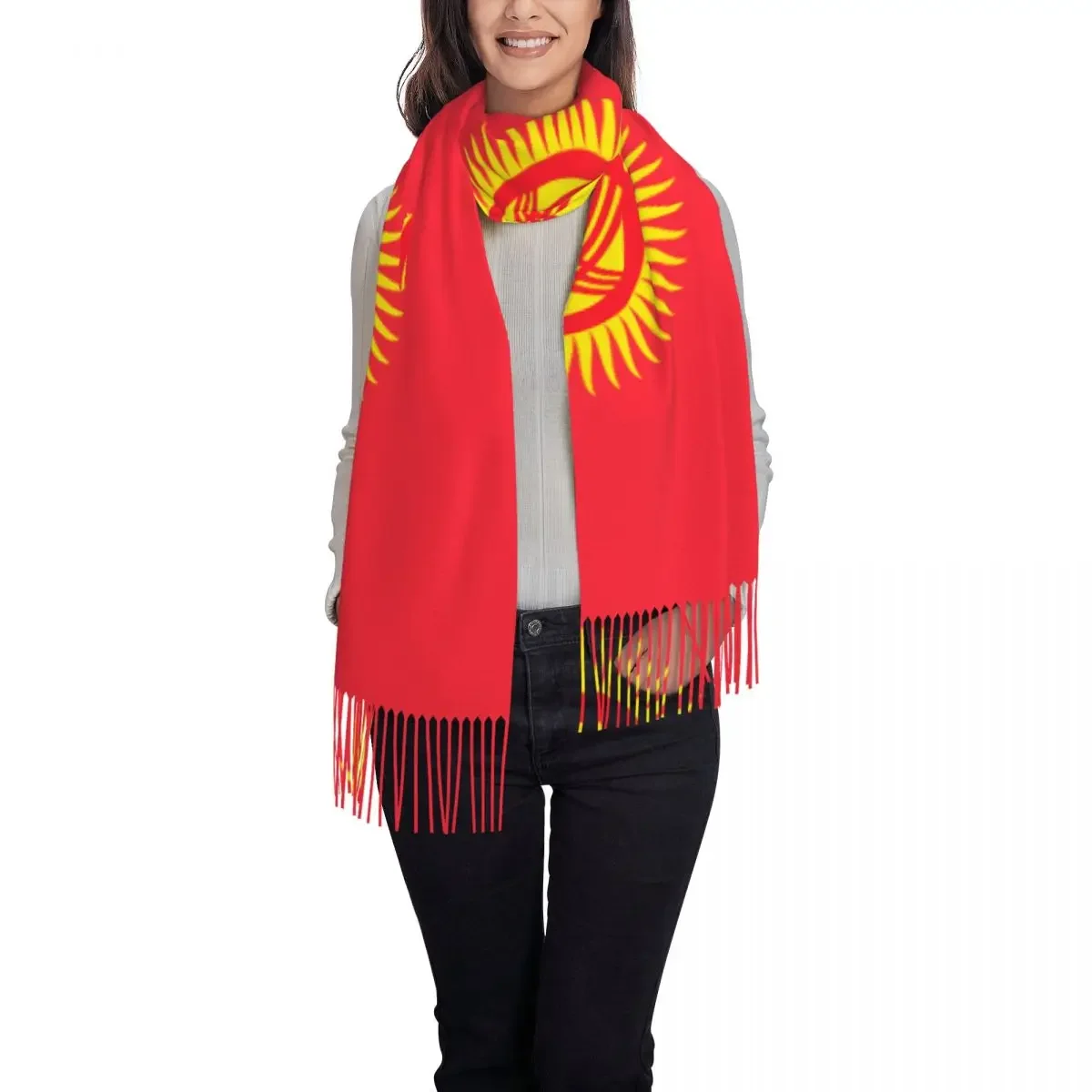 New Women Kyrgyzstan Flag Scarf Winter Shawls Thin Wrap Lady Tassel Warm  Hairy Bufanda