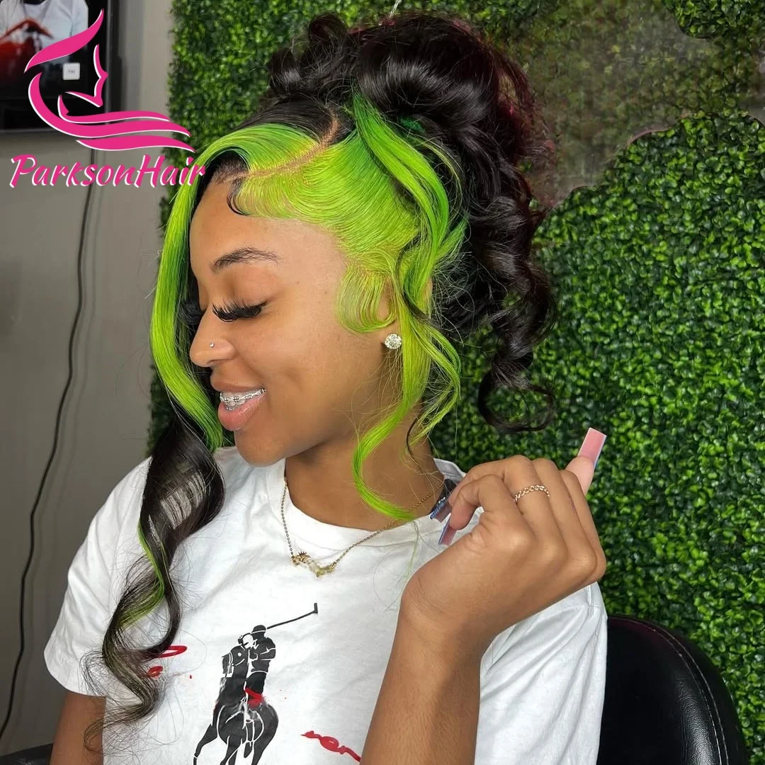 

Highlight Human Hair Wig Green With Black 13x6 HD Transparent Lace Front Wigs Body Wave Colored Lace Frontal Wigs For Women