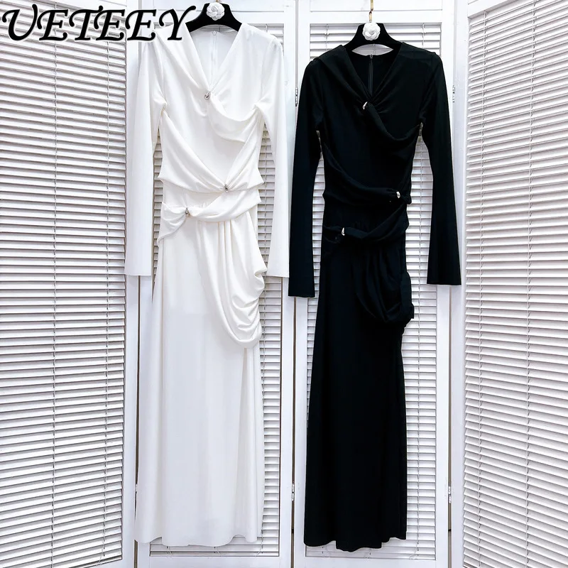 

European American Middle East Niche Long Dress Women Spring New Fashion Pleated Stitching Asymmetric Stretch Slim White Dresses