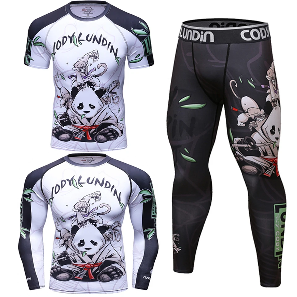 Rash Guard Jiu Jitsu t-shirty + spodnie zestawy Rashguard dla mężczyzn Kickboxing pot trening gimnastyczny MMA zestaw bokserski Muay Thai T-shirt