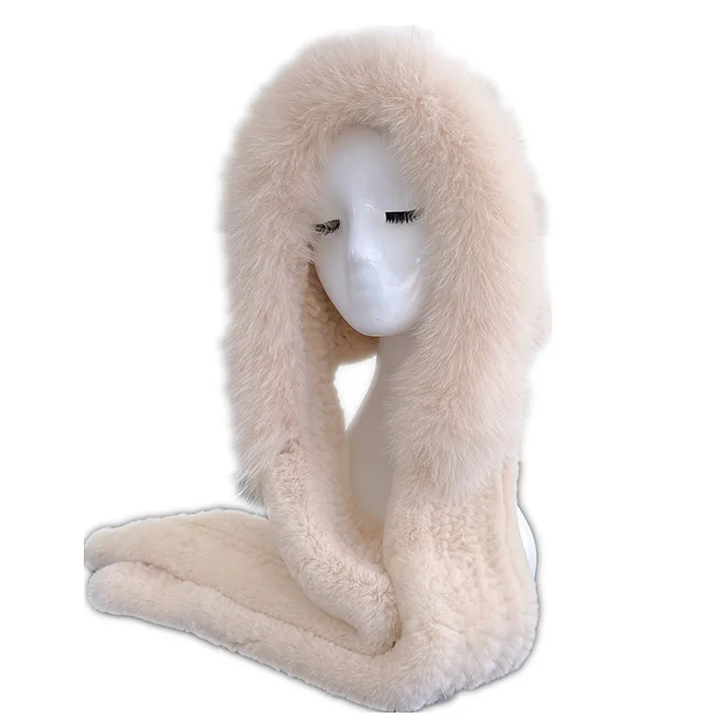 

luxurious Long Style Warm Knitted Real Rex Rabbit Fur Scarf Hats Cap with Real Fox Fur Trimmed