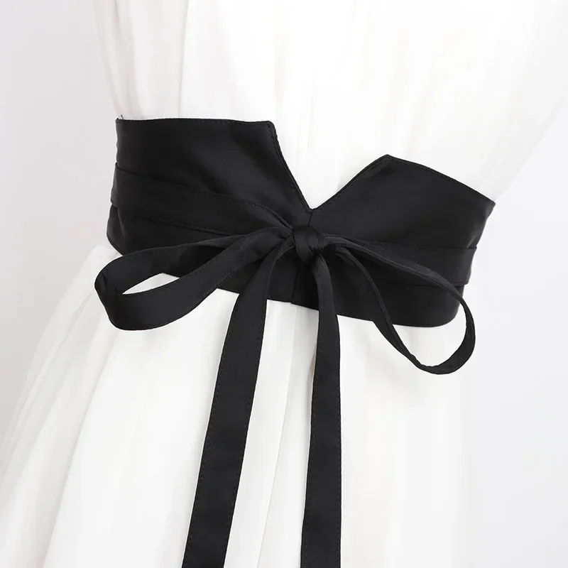 2024 Stylish Daily Dress Belt Women Embellished Satin Black Wide Waist Corset Imporved Japanese Style Kimono Accessory Belt
