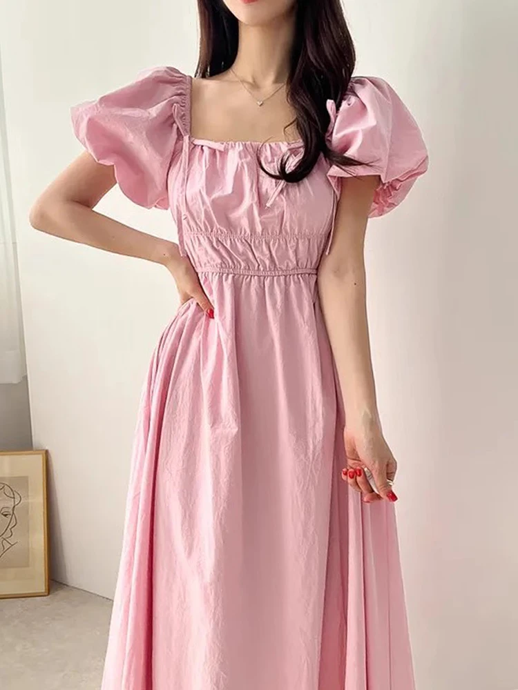 Chic Summer Sweet T Dr with Bowknot Bubble Sve Gathered Waist Slimming Women's Faion Korean Sle High Waist Long...