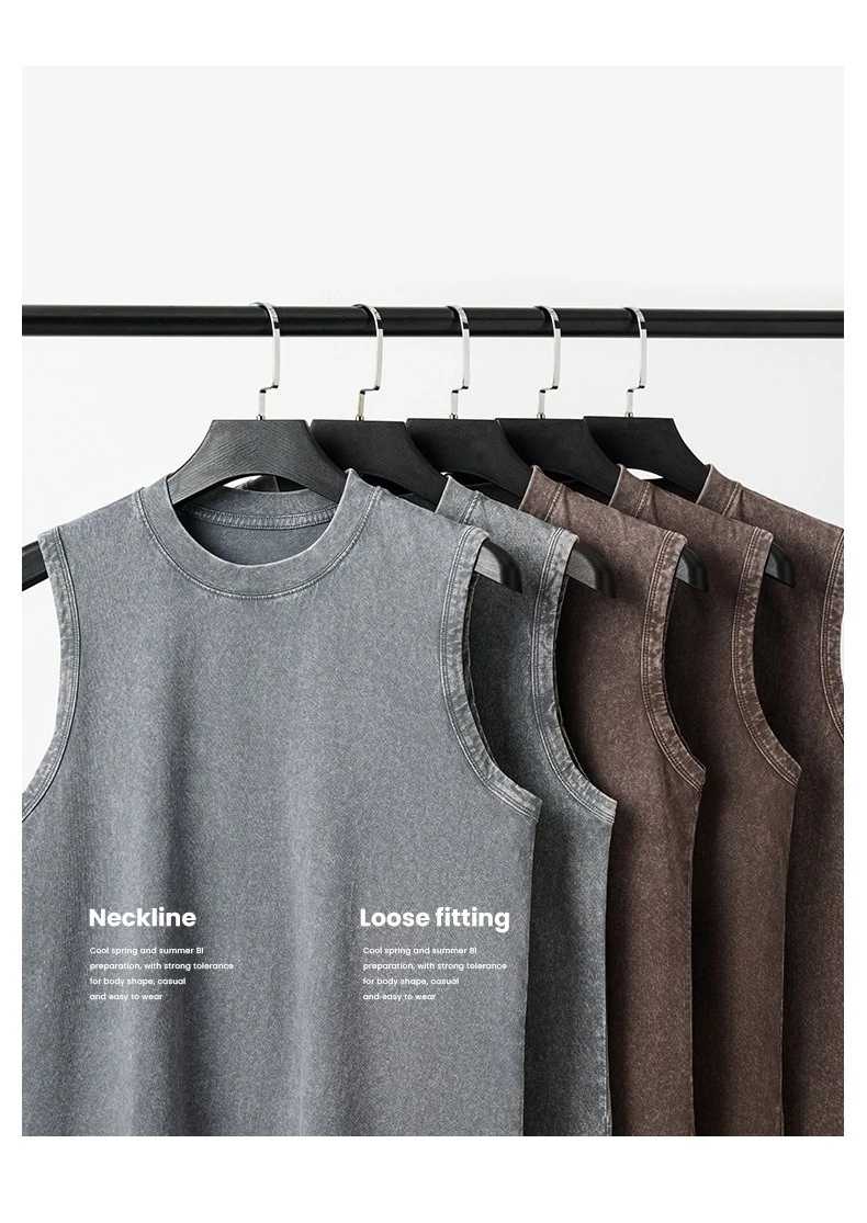 230g reine Baumwolle europäische und amerikanische High Street Retro gewaschen Distressed ärmellose Weste Herren lässig lose Schulter T-Shirt – Detail 7