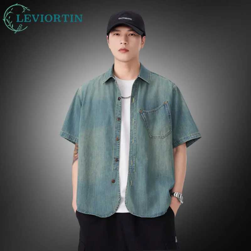

Мужская летняя легкая джинсовая рубашка с коротким рукавом, винтажная японская ретро-стильная рабочая одежда, мягкая дышащая повседневная рубашка на пуговицах