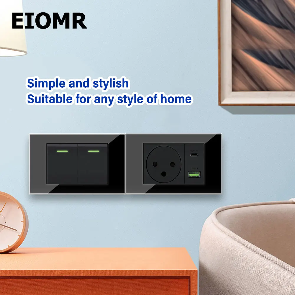 EIOMR Israel USB tipo C enchufe de pared de carga rápida, 118*75mm vidrio templado negro Sat TV Tel timbre interruptor de luz de pared mecánico