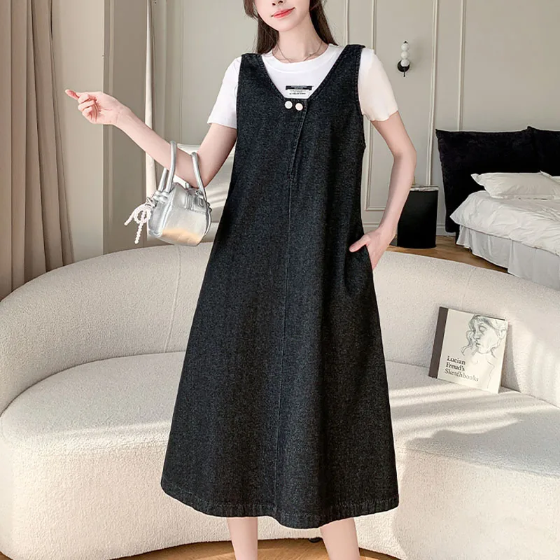 Vestido vaquero holgado informal con tirantes finos para mujer, vestido vaquero de talla grande sin mangas, pantalones vaqueros negros, bata femenina KE25