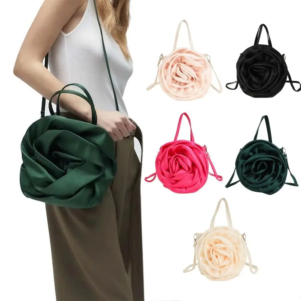 Pleated Flower Rose Handbags Luxury Solid Color Silk Satin Party Clutches Large Capacity Evening Purse Ladies