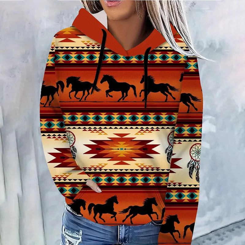 Fashion Sweatshirts Women's Clothes Female Clothing Cheap Women's Clothing Horses Printing Animal Printing Pullover Hoodie.