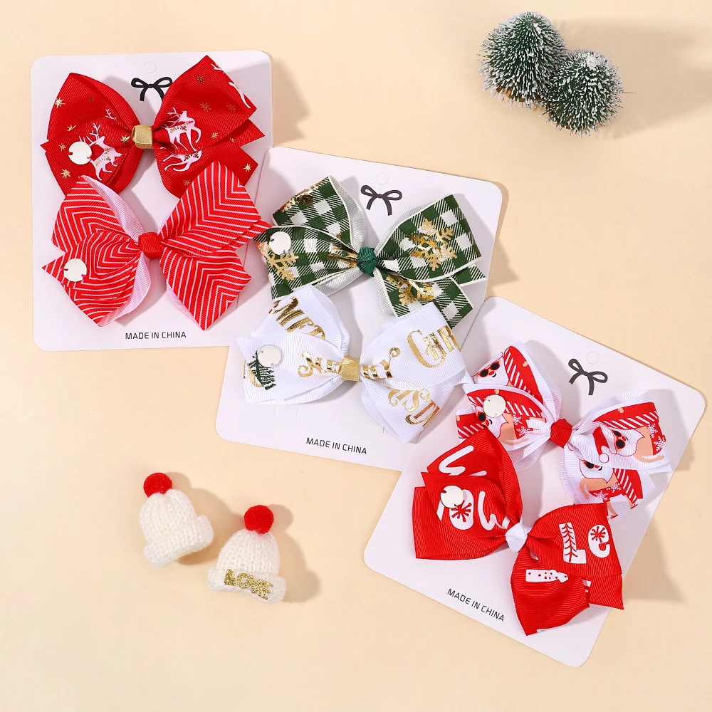 2Pcs/set 5inch Christmas Print Hair Bow with Clips for Baby Girls Sweet Ribbon Headwear Hairpins Party Goth Kids Hair Accessorie