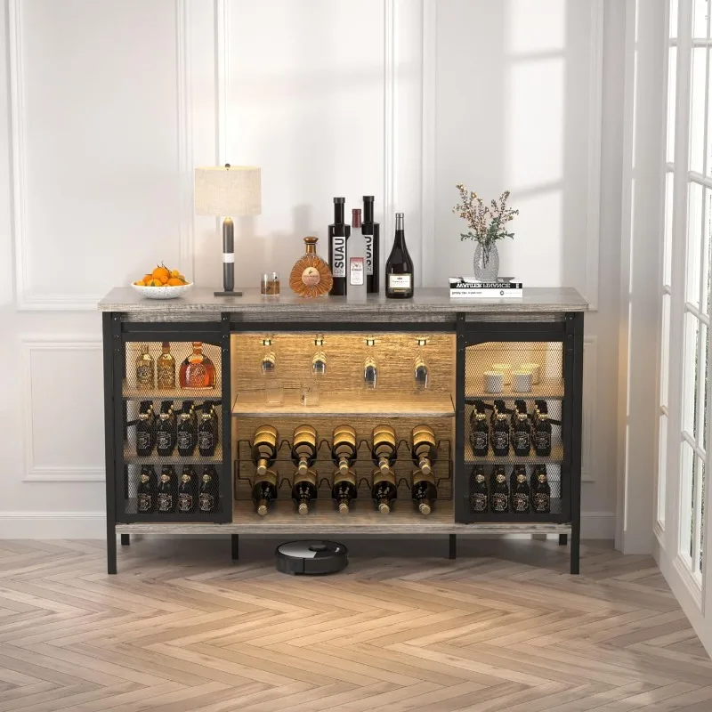 QNICE 55" Sliding Barn Door Wine Bar Cabinet/Industrial Metal Bar Cabinet for Liquor/Farmhouse Bar Cabinet