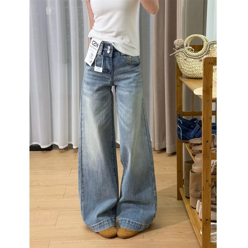 Women Slub Wide Leg Jeans 2026 Autumn New American Vintage High Waist Loose Straight Floor Length Denim Pants